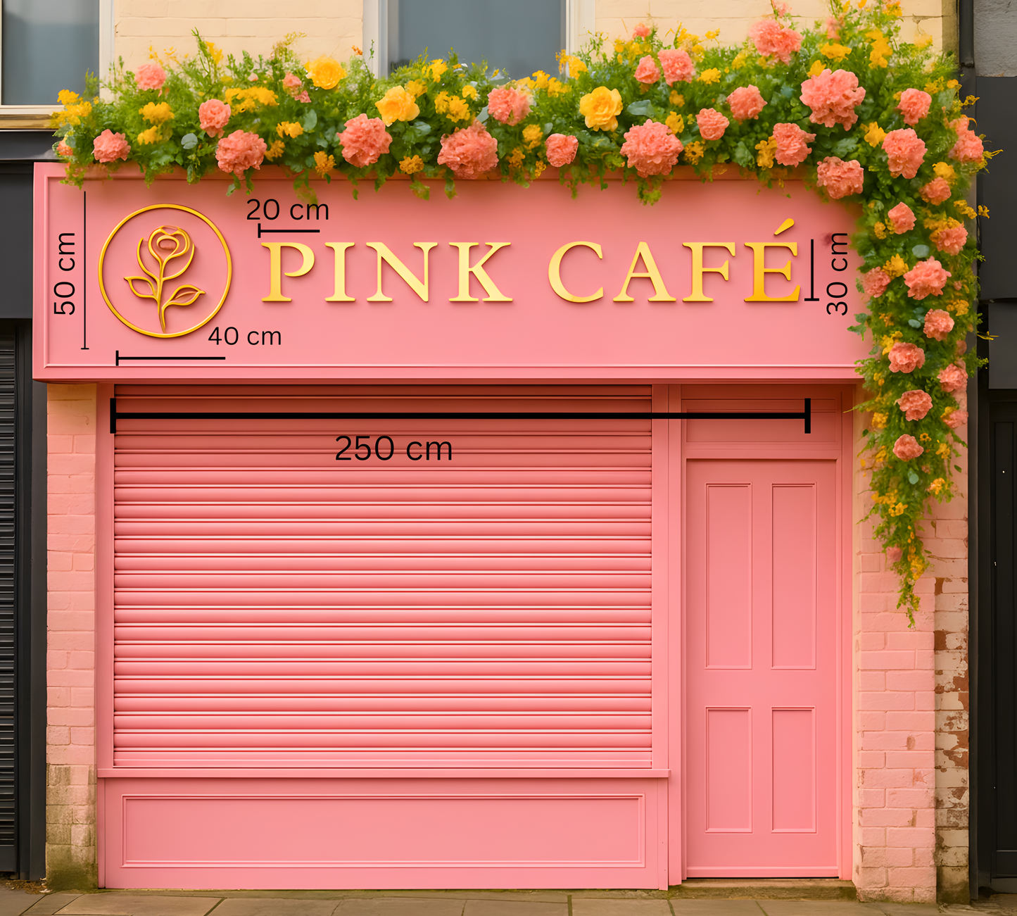 Premium 3D Gold Acrylic Lettering & Floral Signage for Pink Café