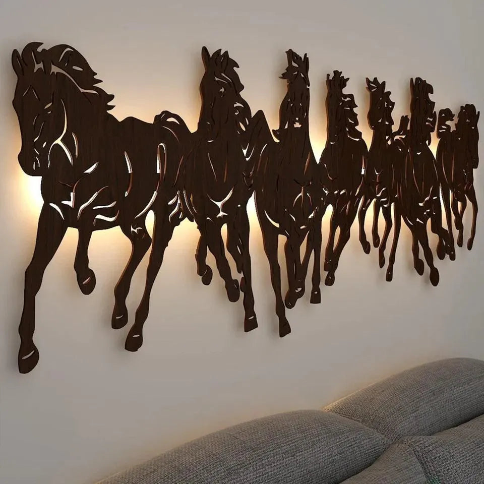 3D Wooden Horse Wall Art: Openwork Nature Decor with LED Light