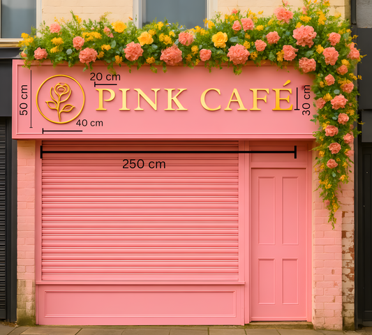 Premium 3D Gold Acrylic Lettering & Floral Signage for Pink Café