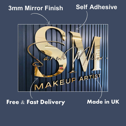 3mm Self Adhesive Mirror Gold Logo Sign, Custom Gold Mirror Signage, Personalized Office Decor, Branding Wall Sign, Gold Sign for Office